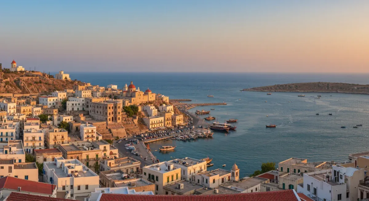 Wide panorama of a white hillside city rising from a Mediterranean bay