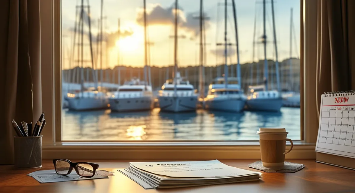Broker's office desk with fleet files and harbour window