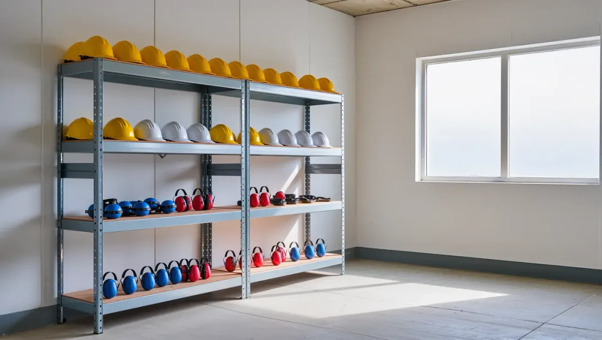 Maintenance cage of stacked hard hats on a shelf
