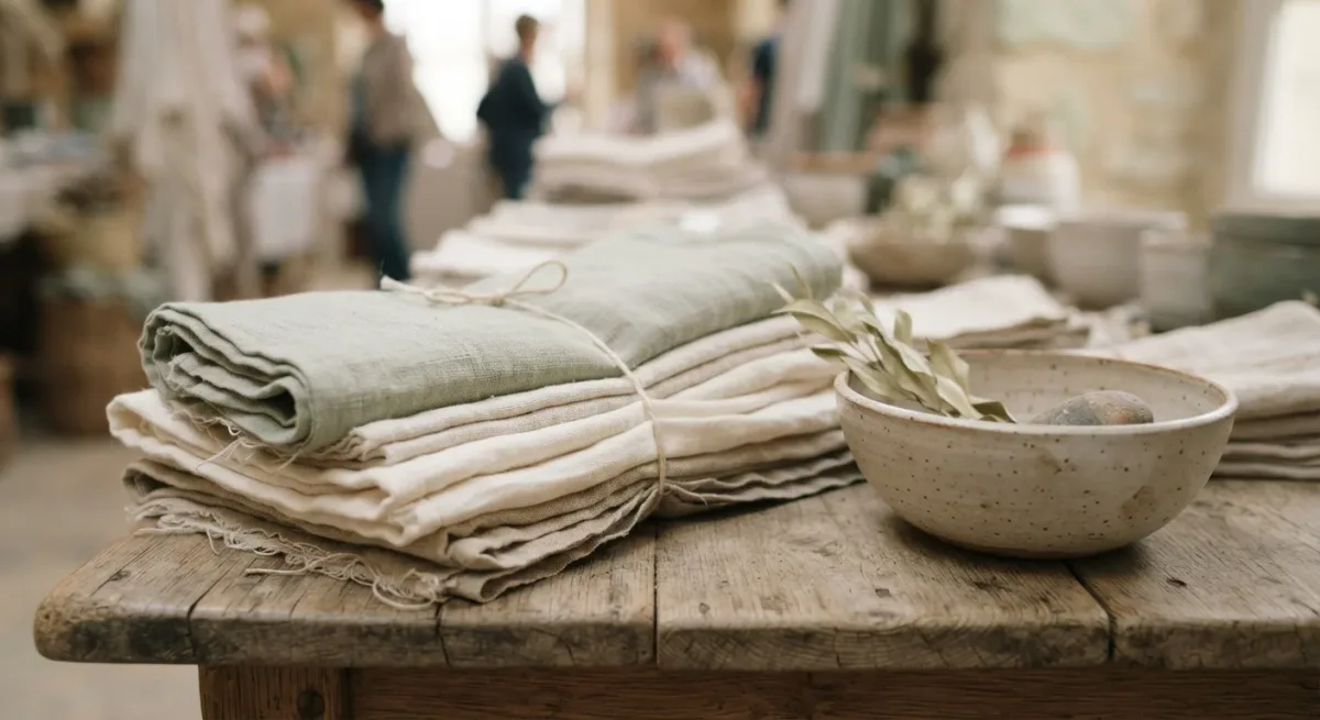 Folded plain textiles stacked on a bare wooden table