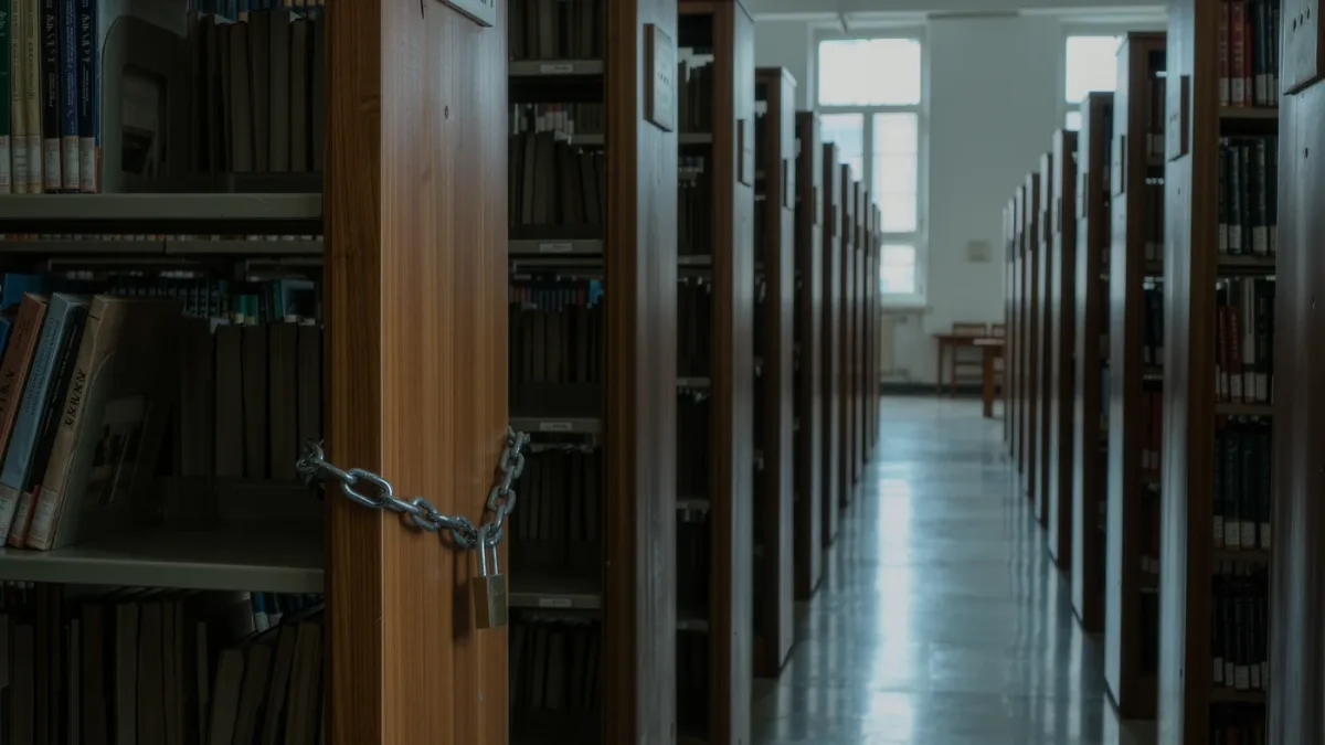 Padlocked library shelves beside an open reading lounge, no people