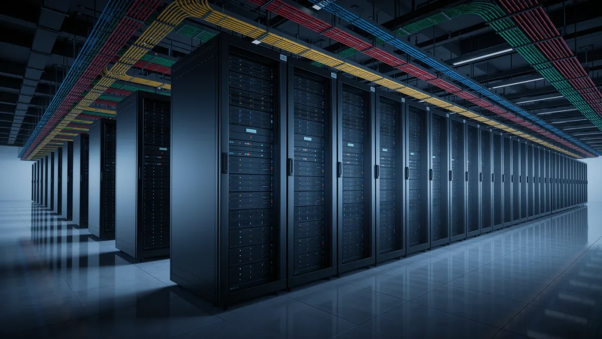 Empty European data-center corridor with service-route markings