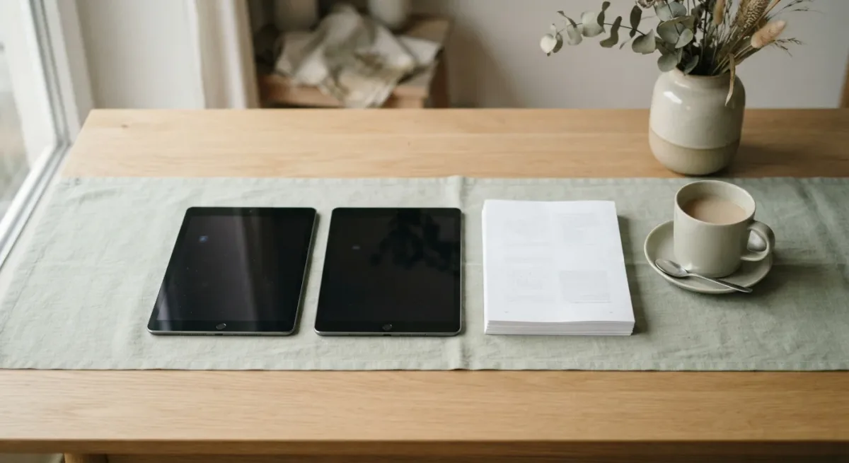 Two tablets beside stacked pages on desk grid