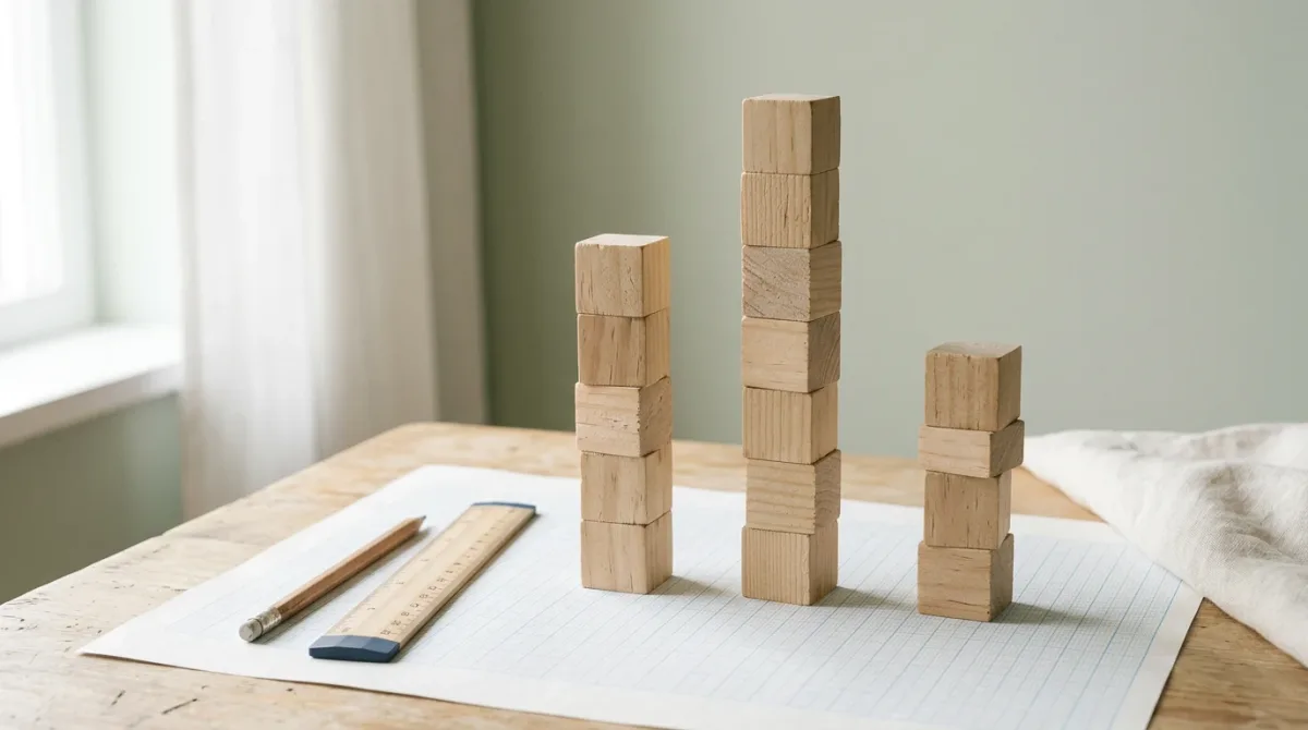 Three columns of stacked blocks on graph paper