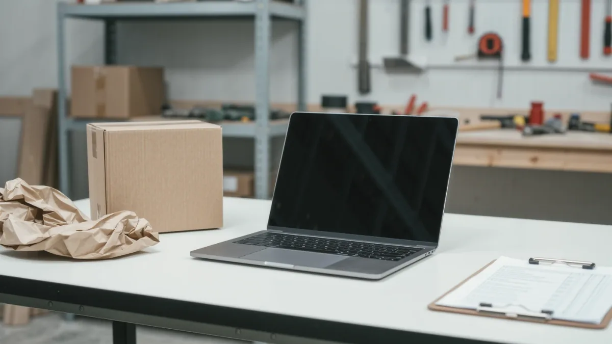 Refurbished laptop and box on inspection desk