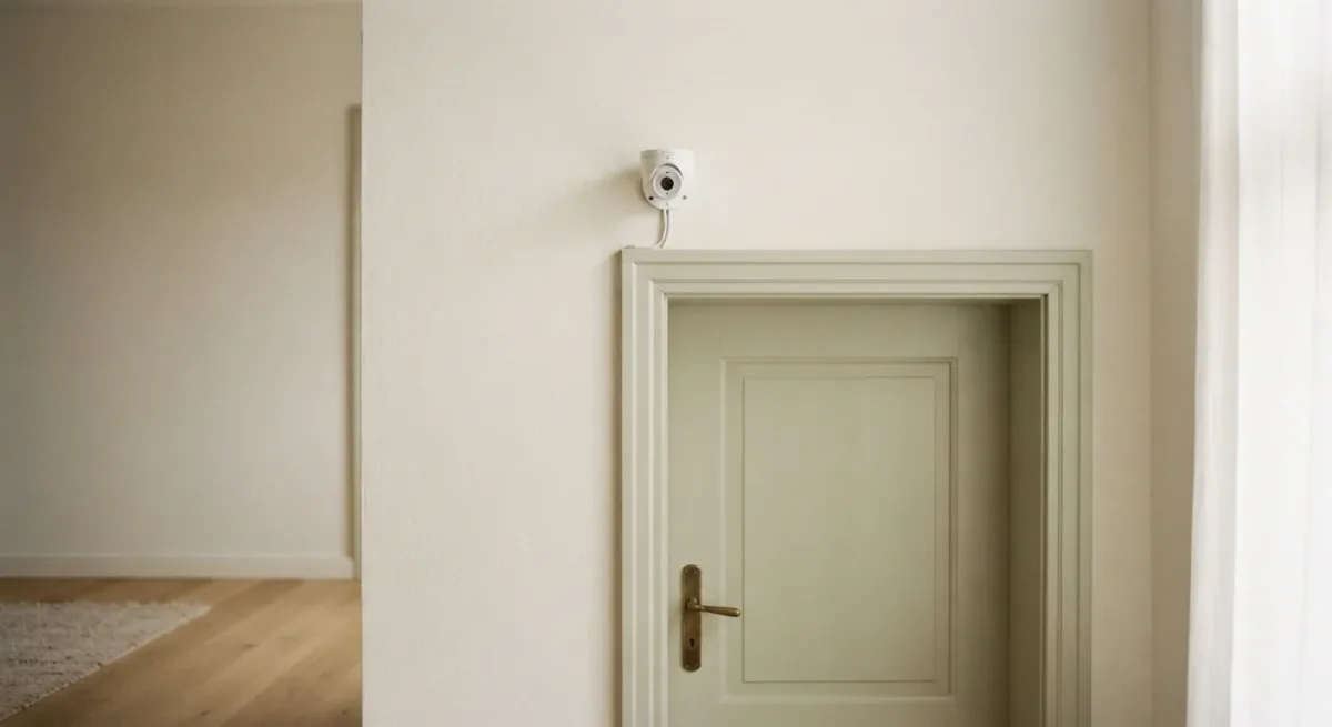 Blurry surveillance camera above an empty doorway in low light
