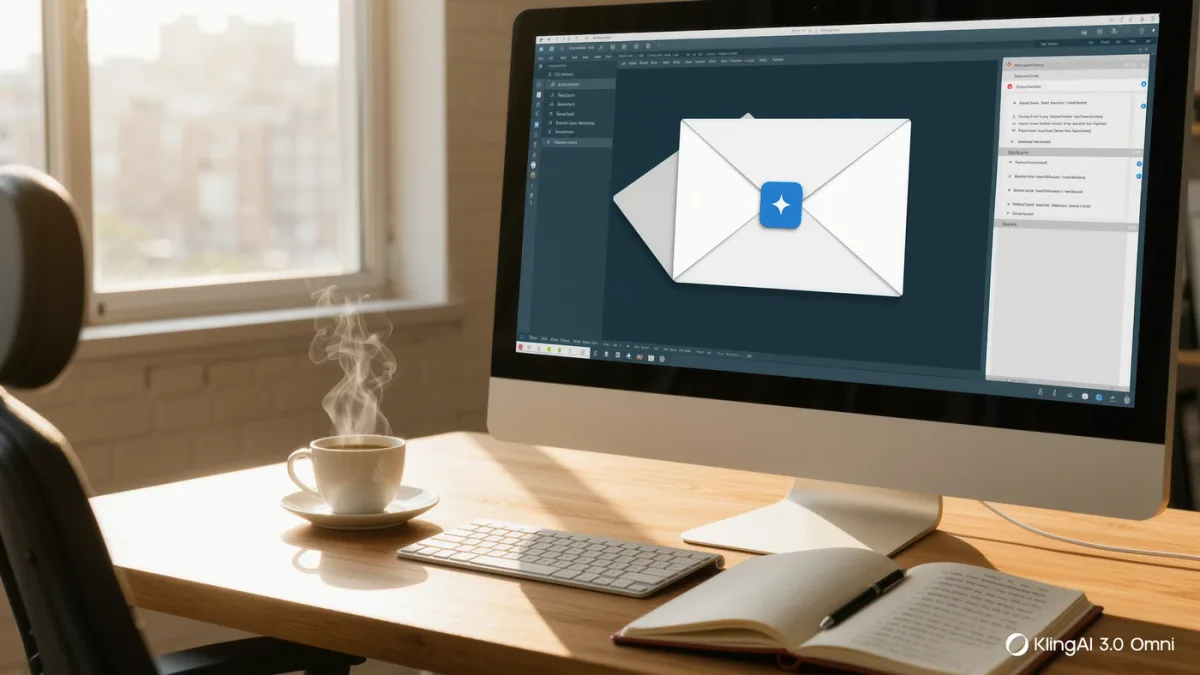 Quiet office scene with an inbox summary on a monitor and a notebook beside it