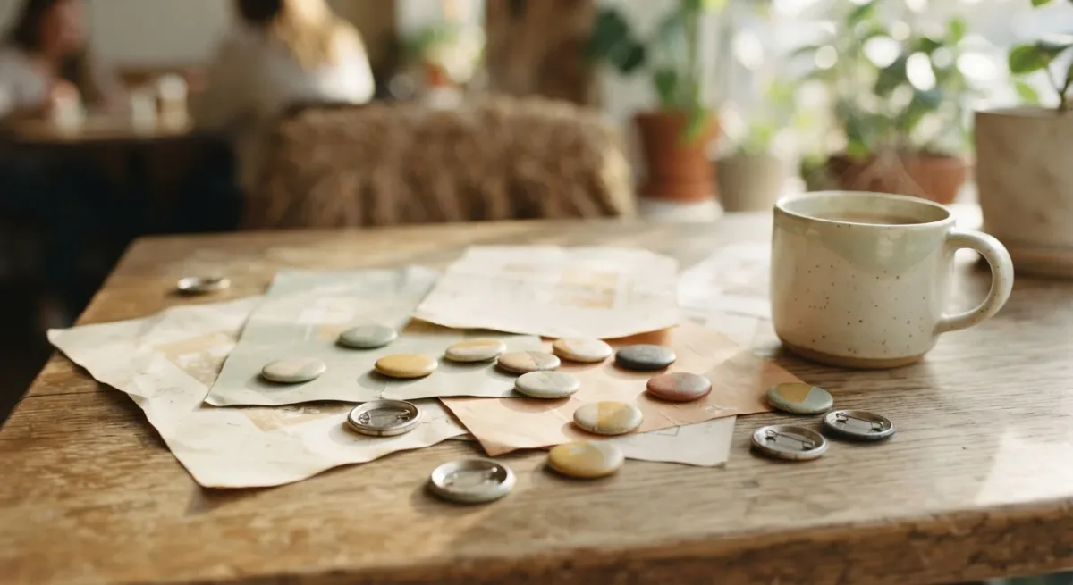 Archival paper flyers and buttons on sunlit table, abstract colour