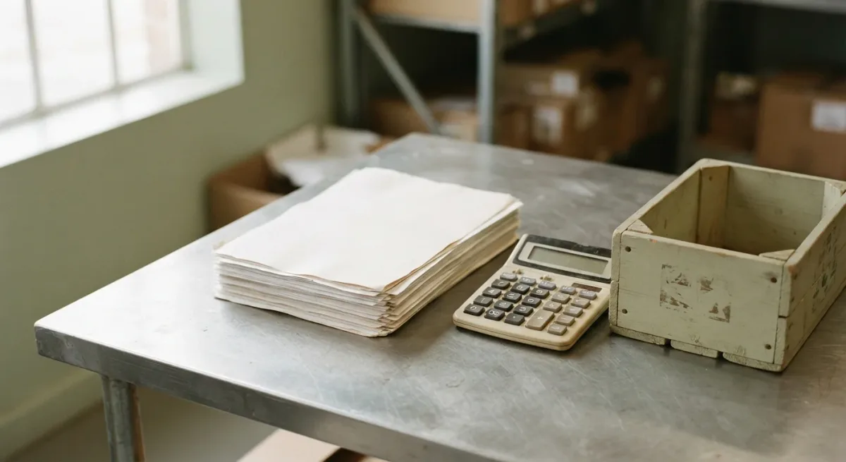 Stacked customs paperwork and a calculator on brushed steel