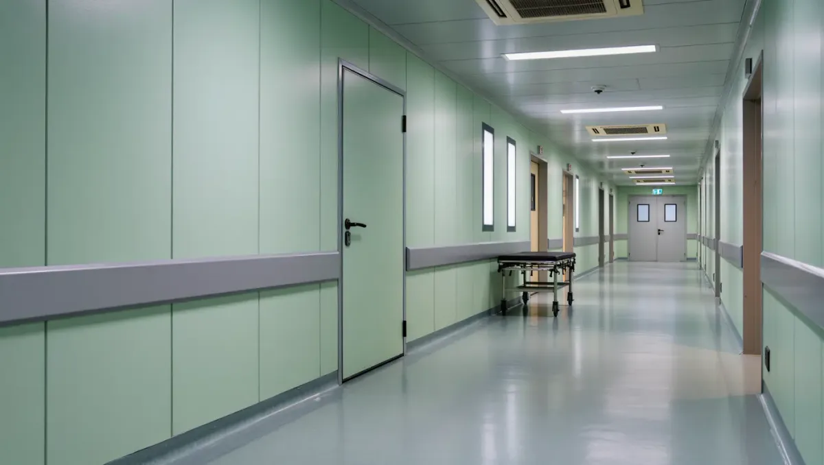 Hospital corridor with gurney bay and handrail in flat afternoon light