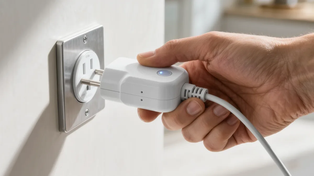Smart plug being power-cycled by hand on wall outlet