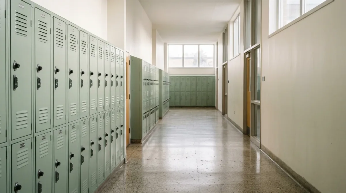 Empty school hallway with lockers in neutral daylight