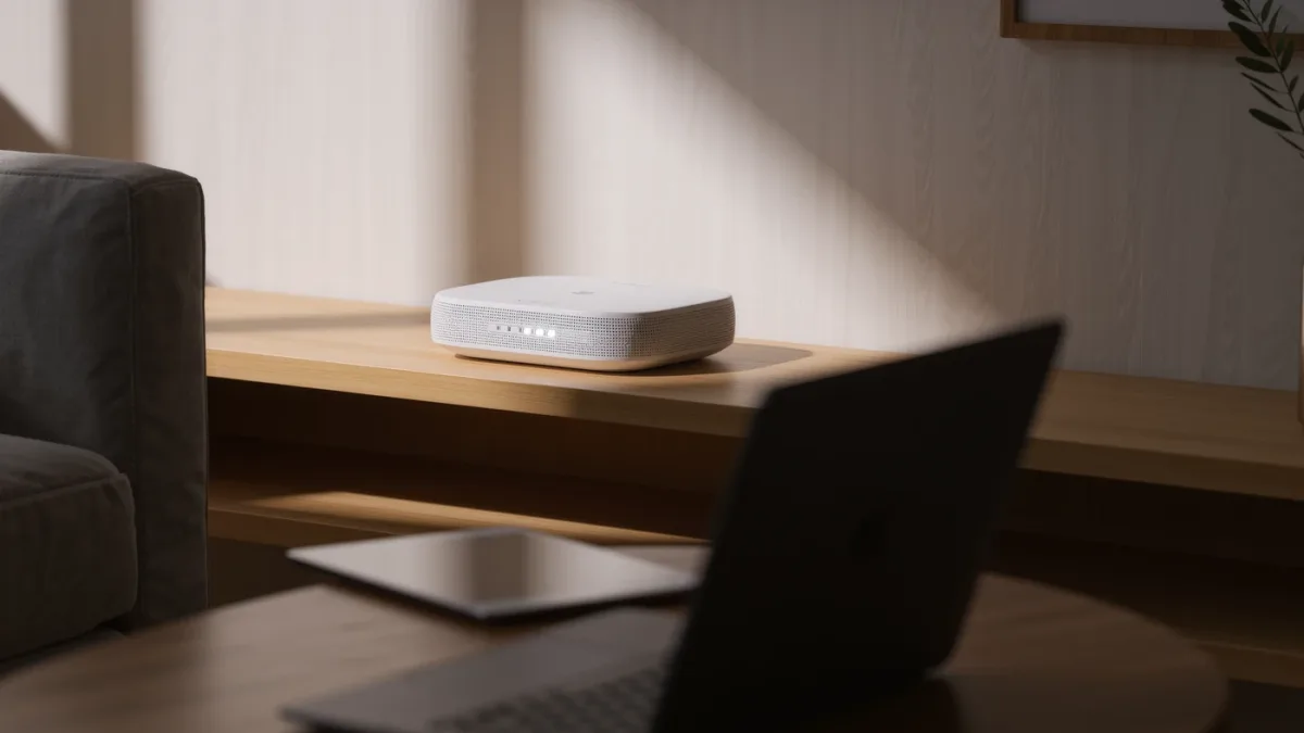 Home router glowing quietly on a shelf with connected devices