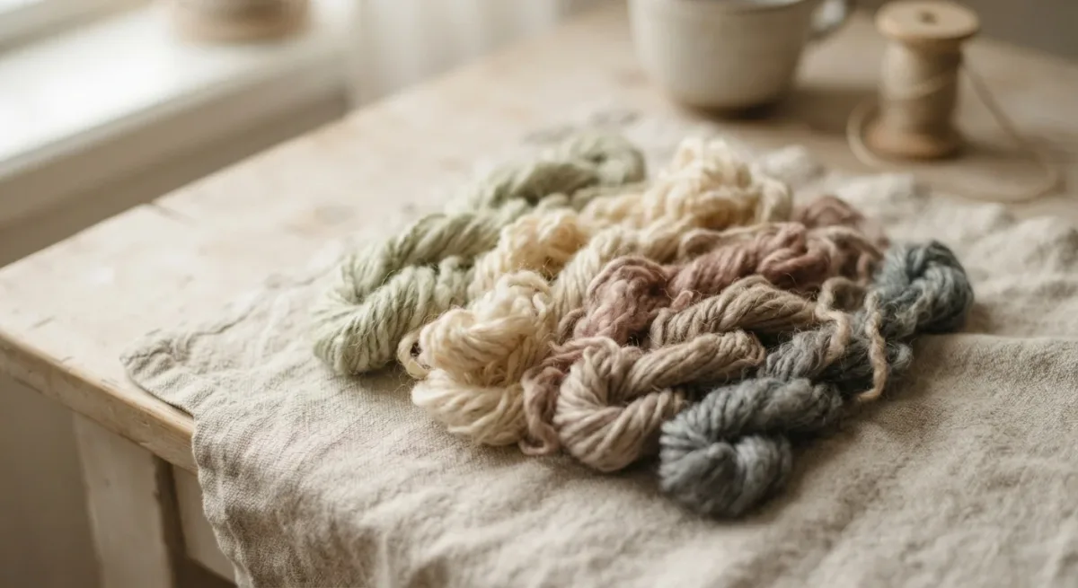 Wool threads and linen cloth on wooden work table in soft light