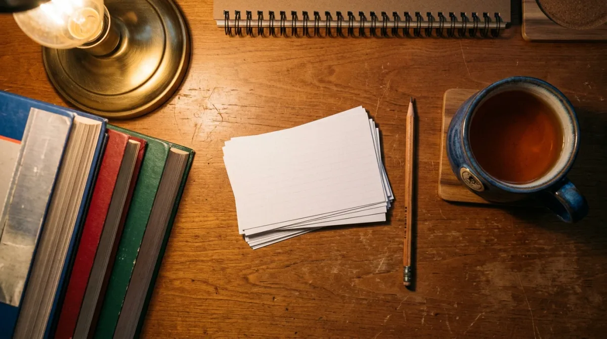 A student at a desk turning away from a stack of highlighted textbooks toward a blank notecard and pencil, evoking active recall over passive rereading, in a warm, plain-s.