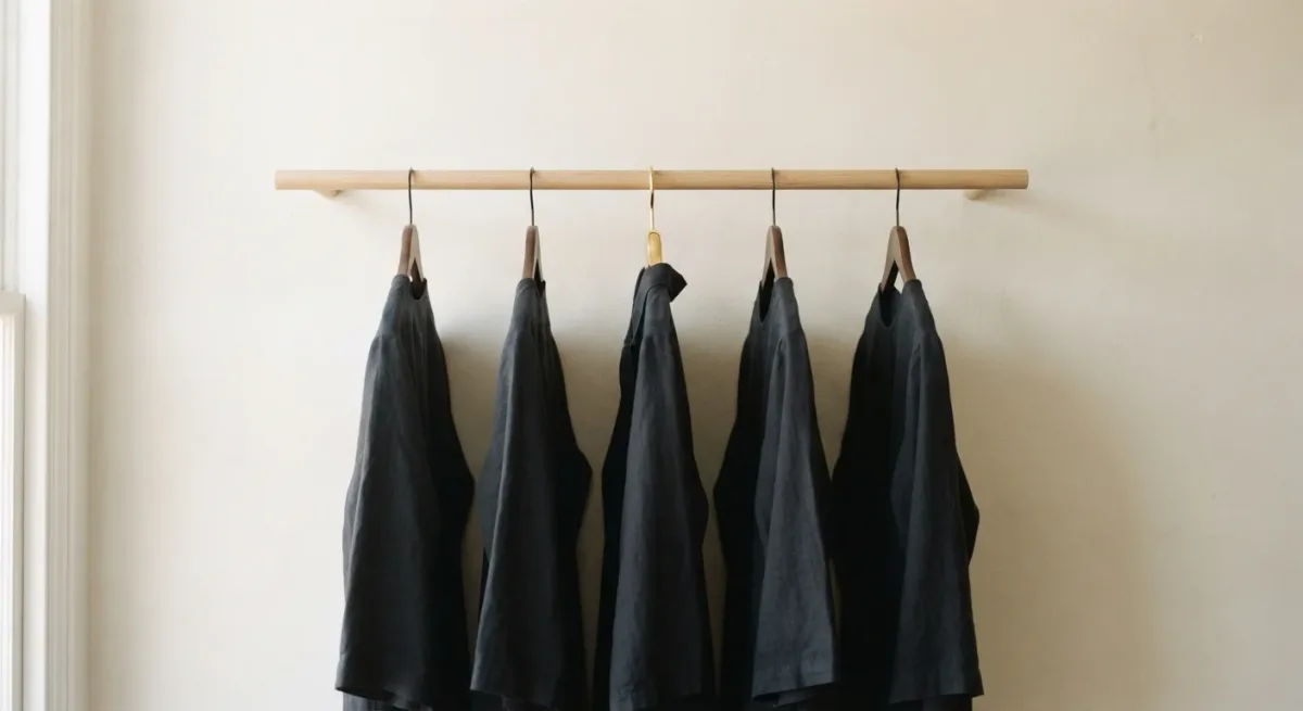 Row of identical dark garments on a wooden rail