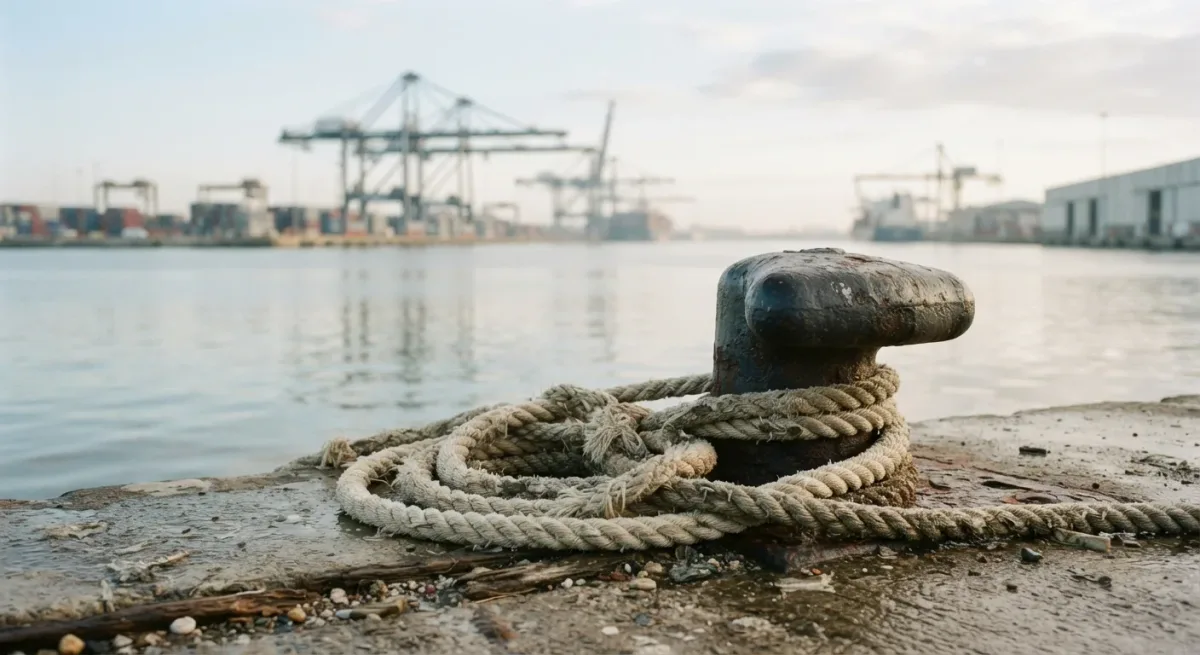 Harbor bollards and mooring lines under an overcast sky