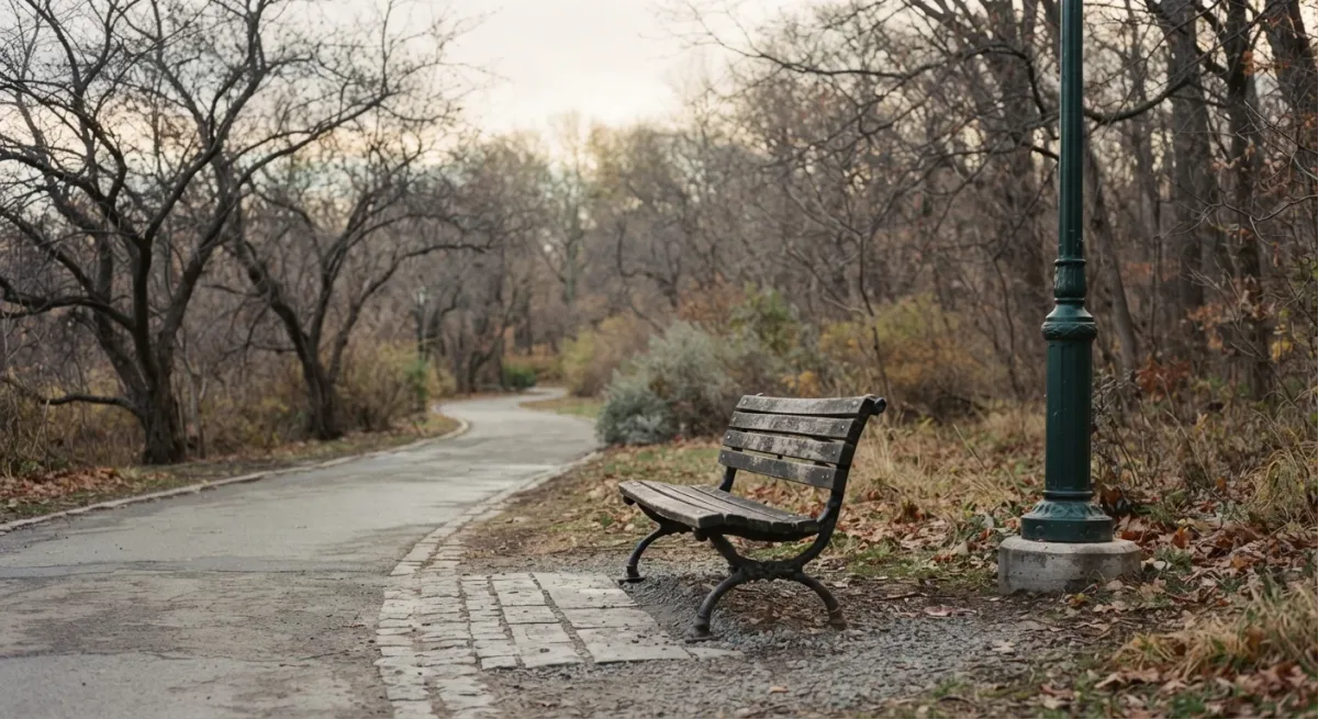 Empty public park bench in gray morning light