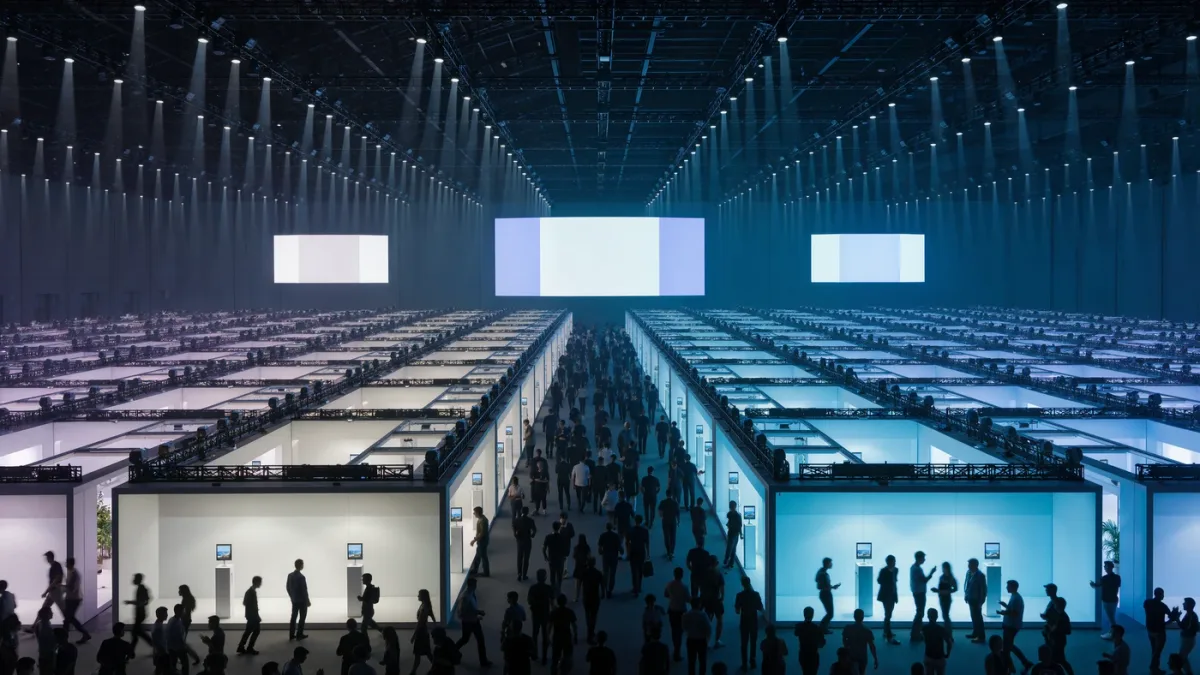 Crowded CES trade show floor with exhibits and displays