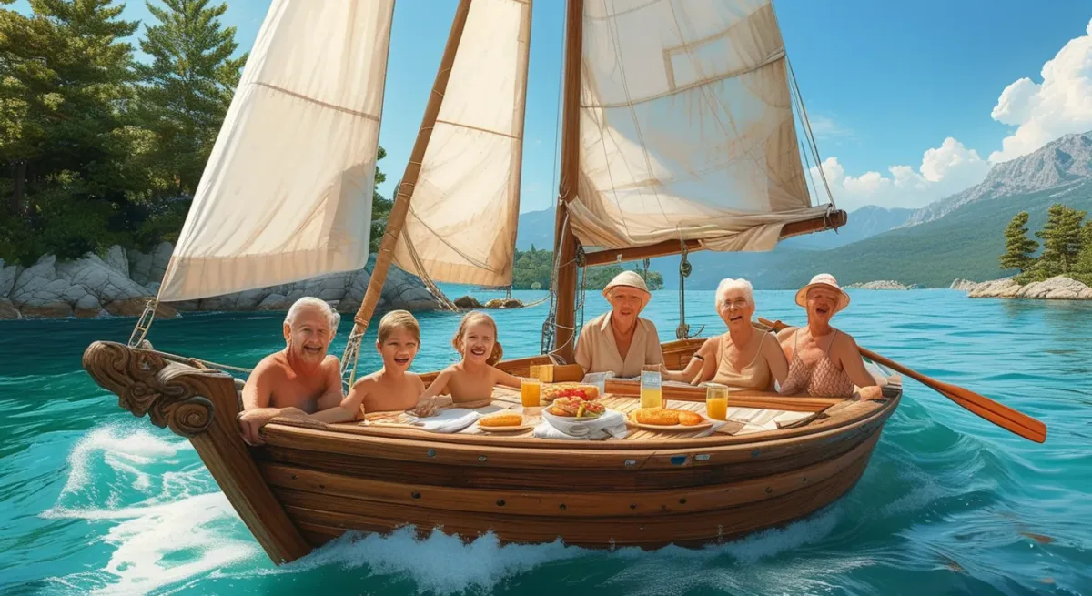 Family swimming off gulet stern in pine-rimmed Göçek bay