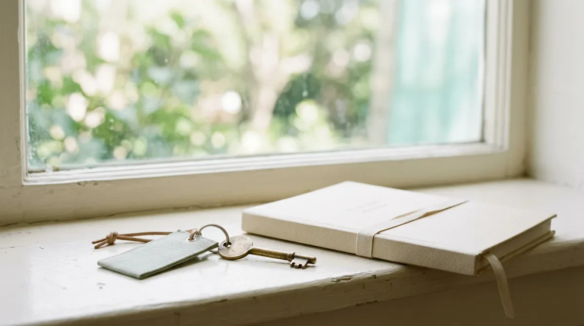 Rented apartment keys and lease folder on a sunny windowsill