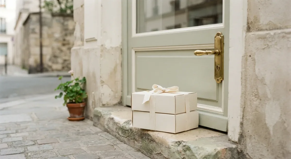 Wrapped shopping boxes and a brass storefront door in afternoon light