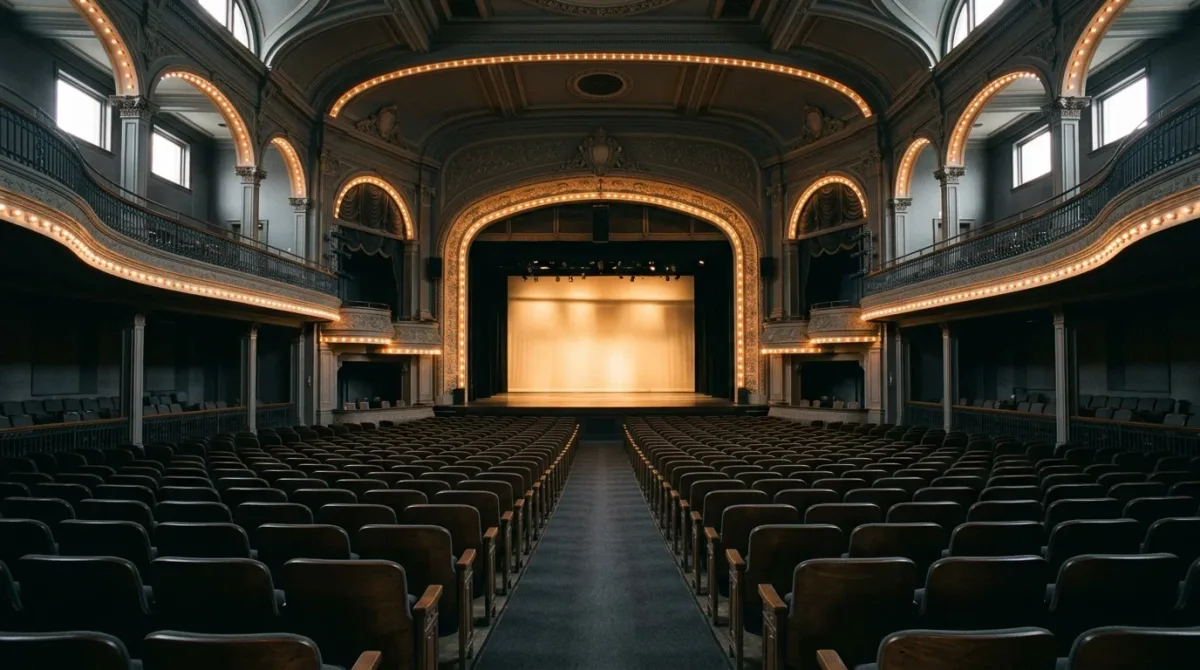 Empty theater seats with warm stage-light glow