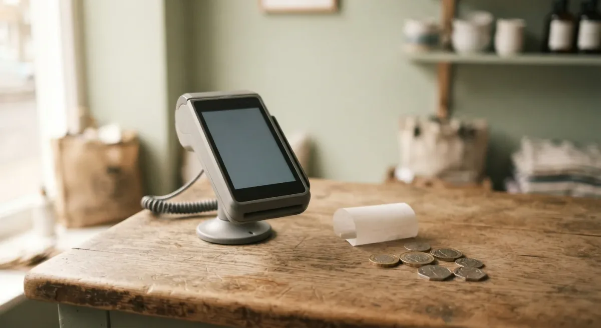 Unbranded payment terminal resting on a shop counter beside a receipt