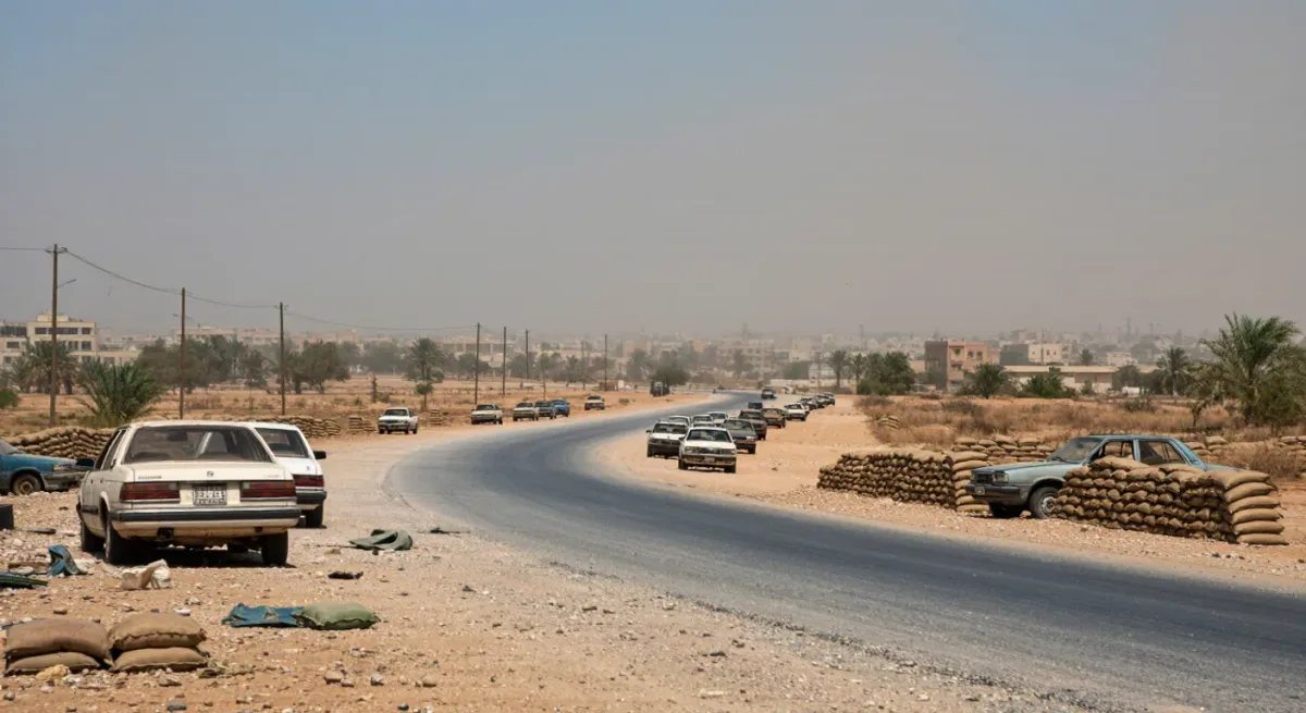 Empty road with abandoned vehicles at the edge of a besieged city