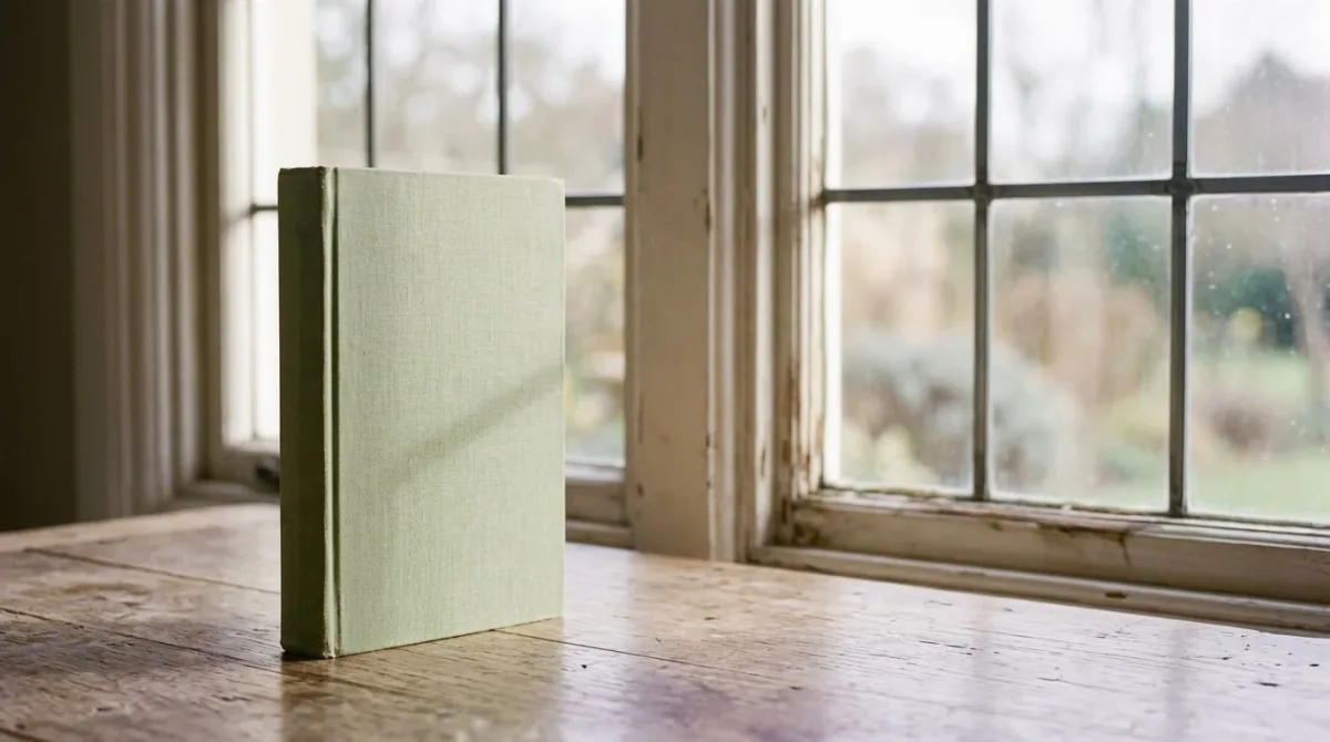 Single closed book on a plain table in dim light