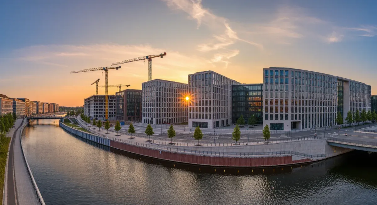 Berlin government district and construction cranes at sunset