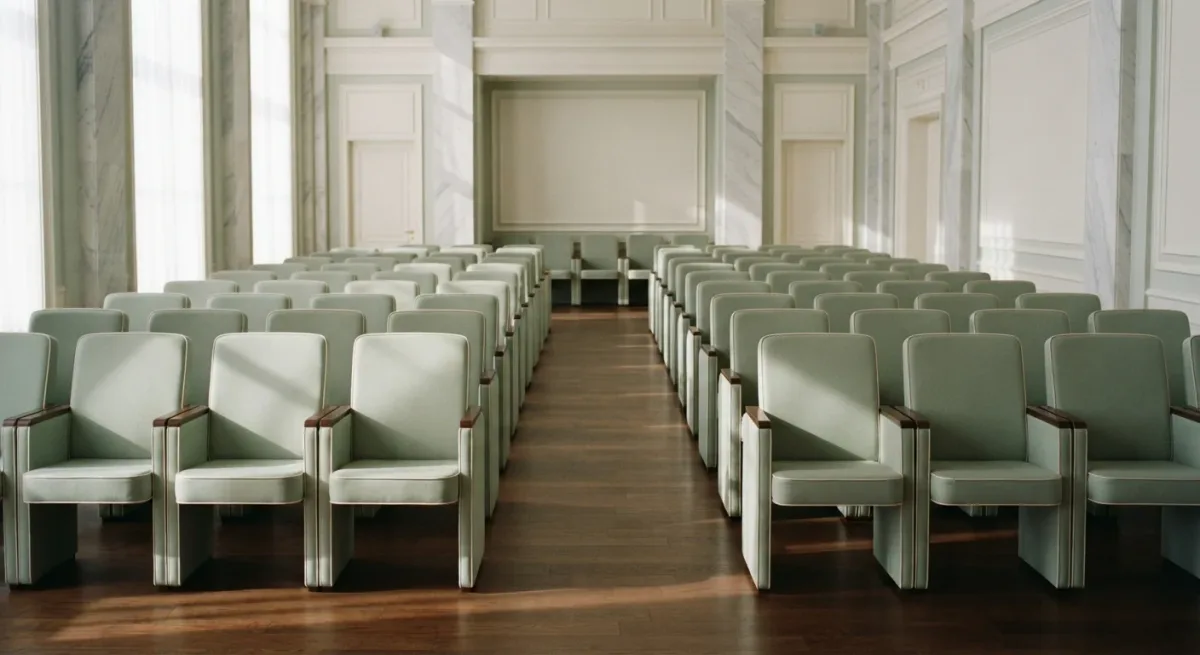 Empty assembly-hall seating rows in formal light