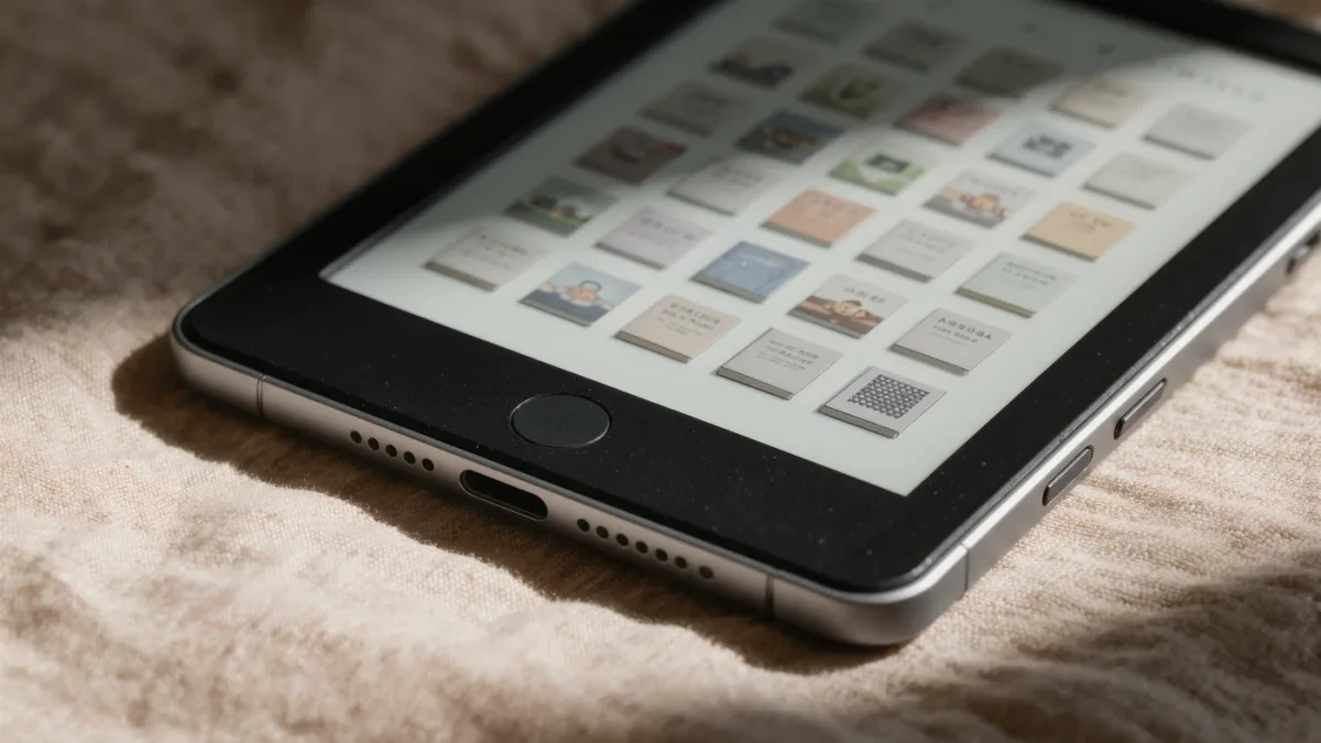Close-up of unbranded e-reader showing subscription bookshelf grid