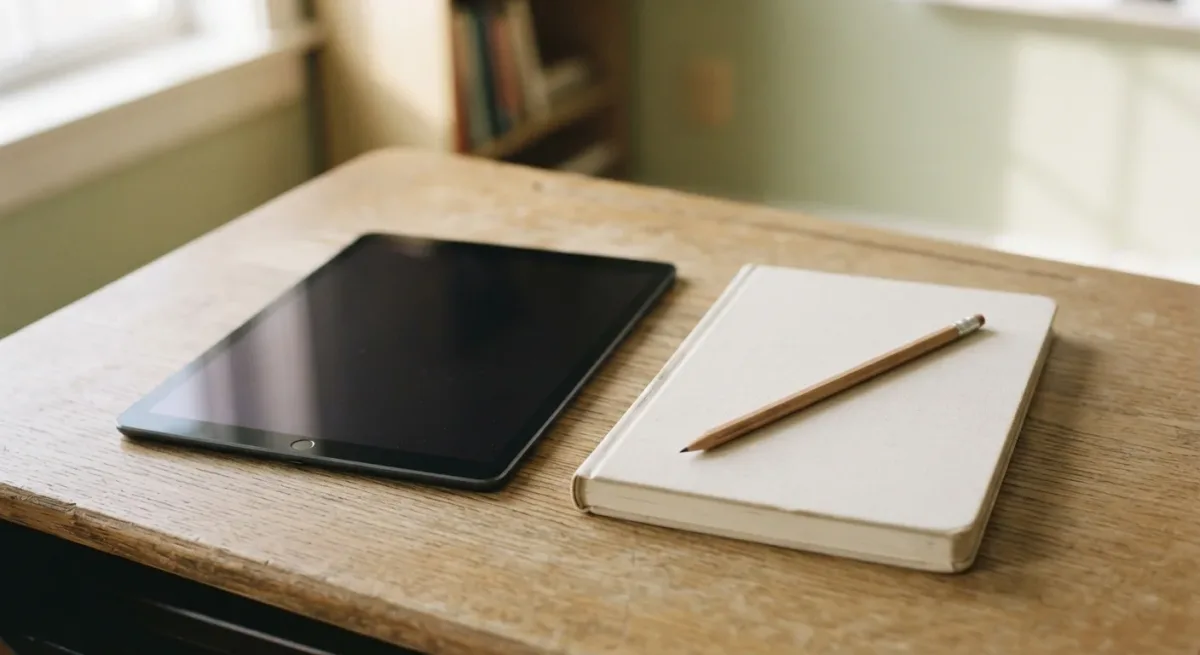 Tablet and notebook on a classroom desk in daylight