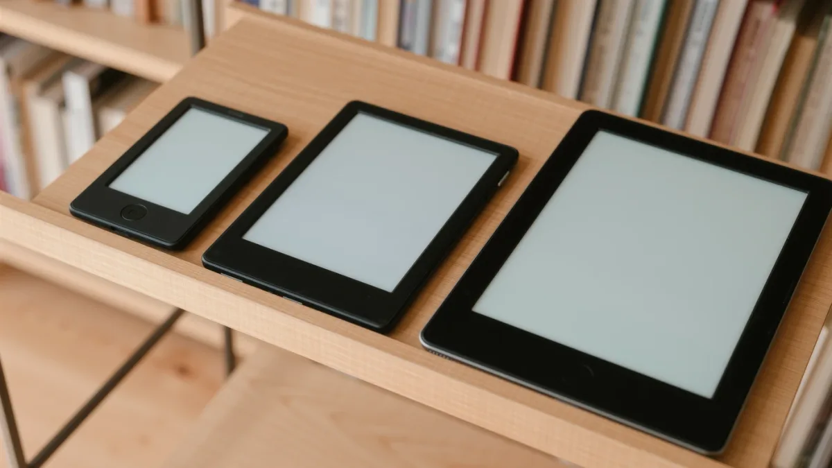 Three unbranded e-readers of different sizes lined up on a bookshelf