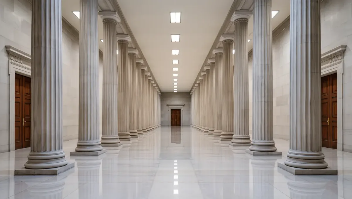 Courthouse corridor with columns and closed doors