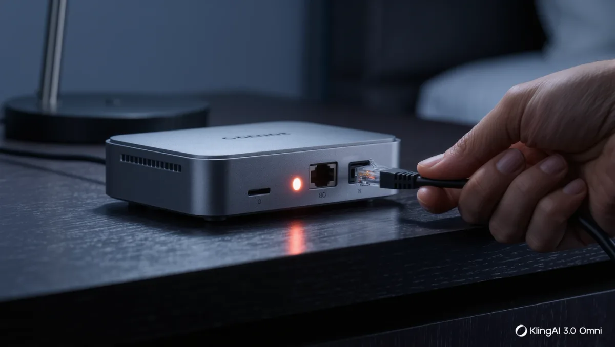 Close-up of hands plugging an ethernet cable into a travel router