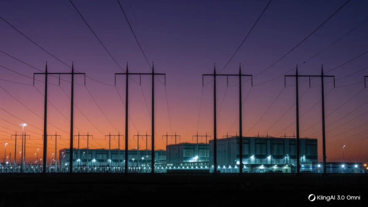 High-voltage transmission lines feeding a datacenter campus at dusk