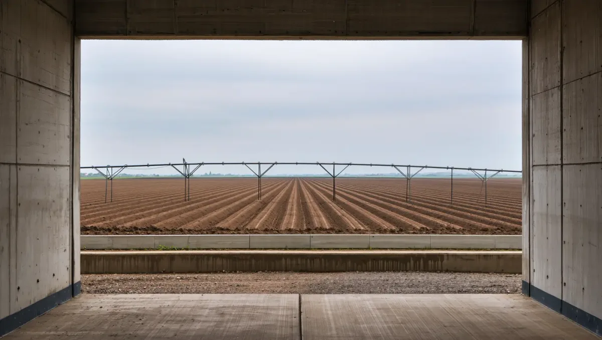Plowed field rows meeting a irrigation ditch under overcast sky