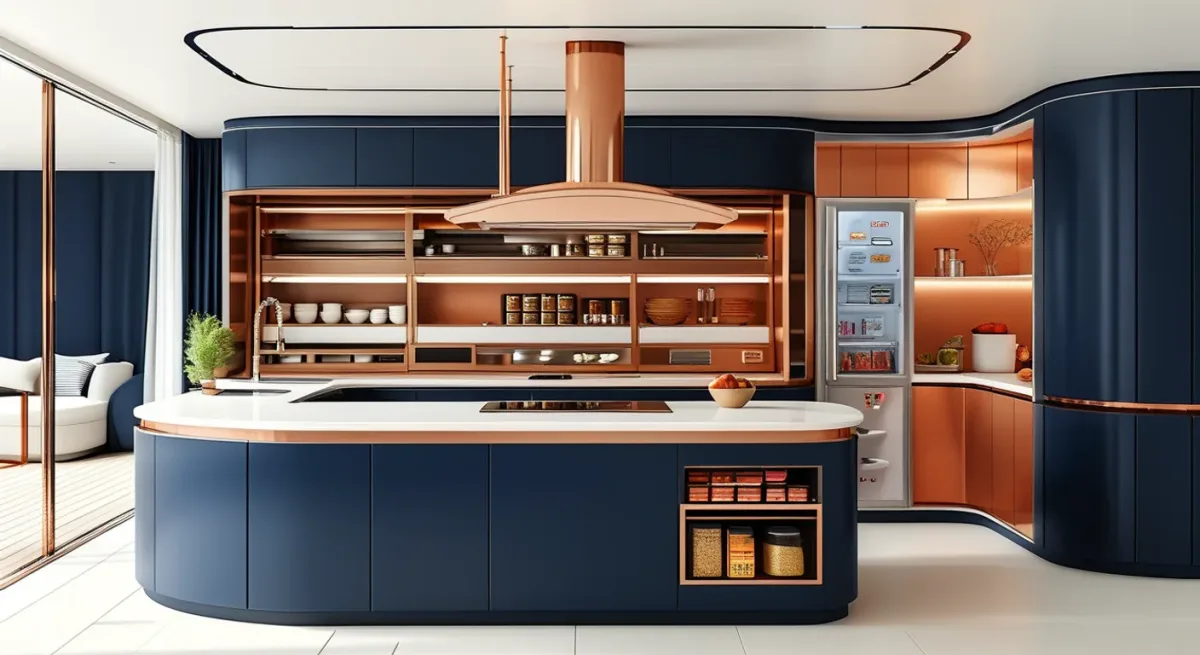 Infographic of yacht galley layout with gimbal and storage zones