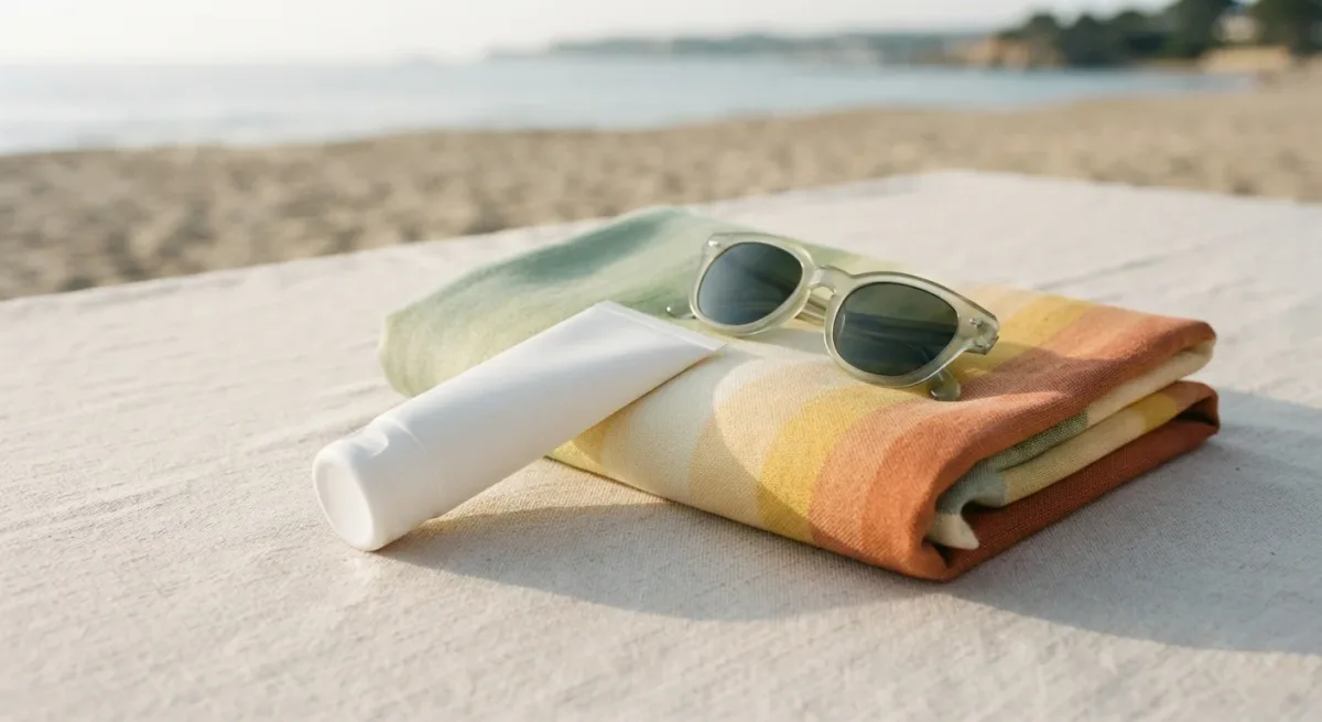 Unbranded sunscreen tube on a pale summer surface