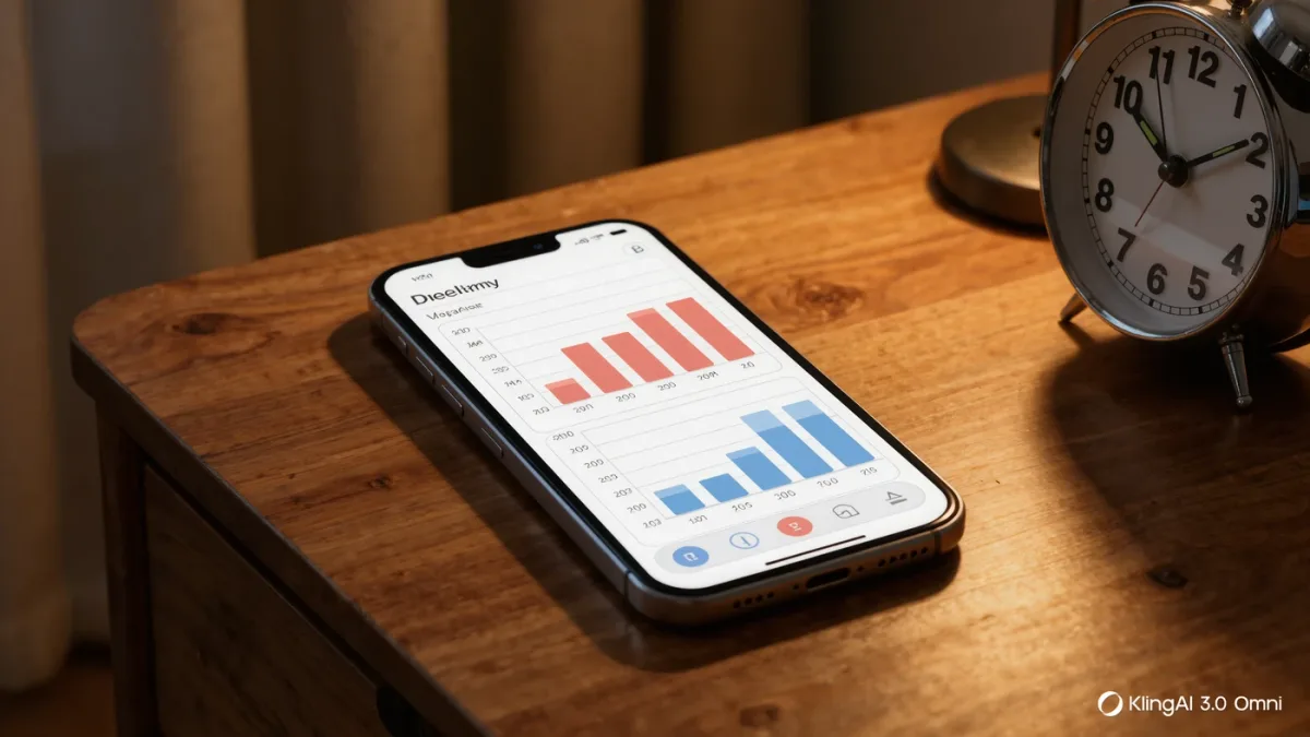 Close-up of a phone showing an abstract weekly usage bar chart on a nightstand