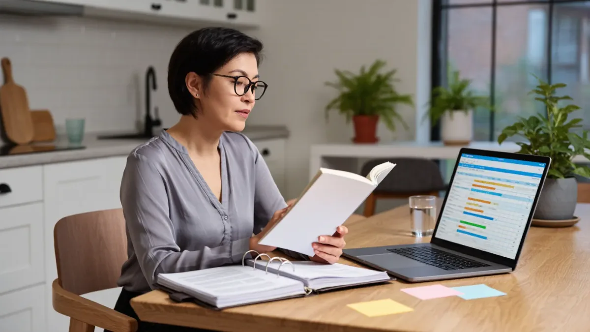 Teacher comparing a graduate program brochure with a National Board portfolio binder at a kitchen table