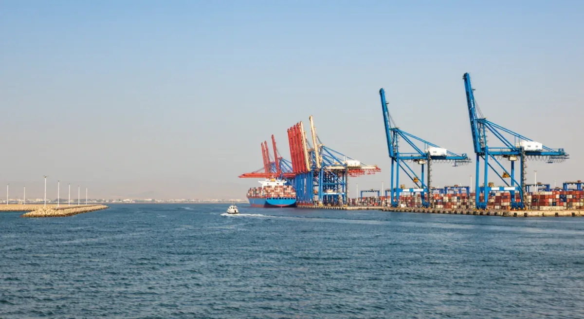 Container port cranes under haze on a Red Sea coastline