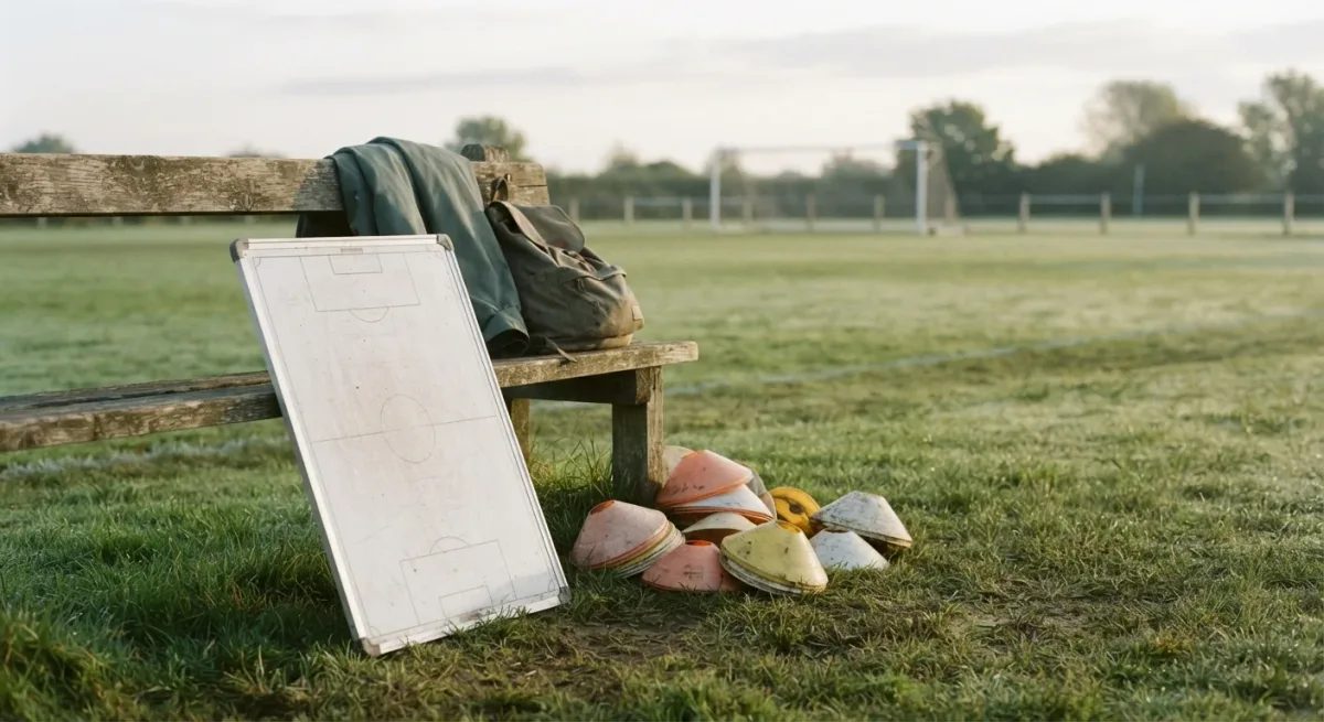 Tactics board and cones on training pitch in morning light