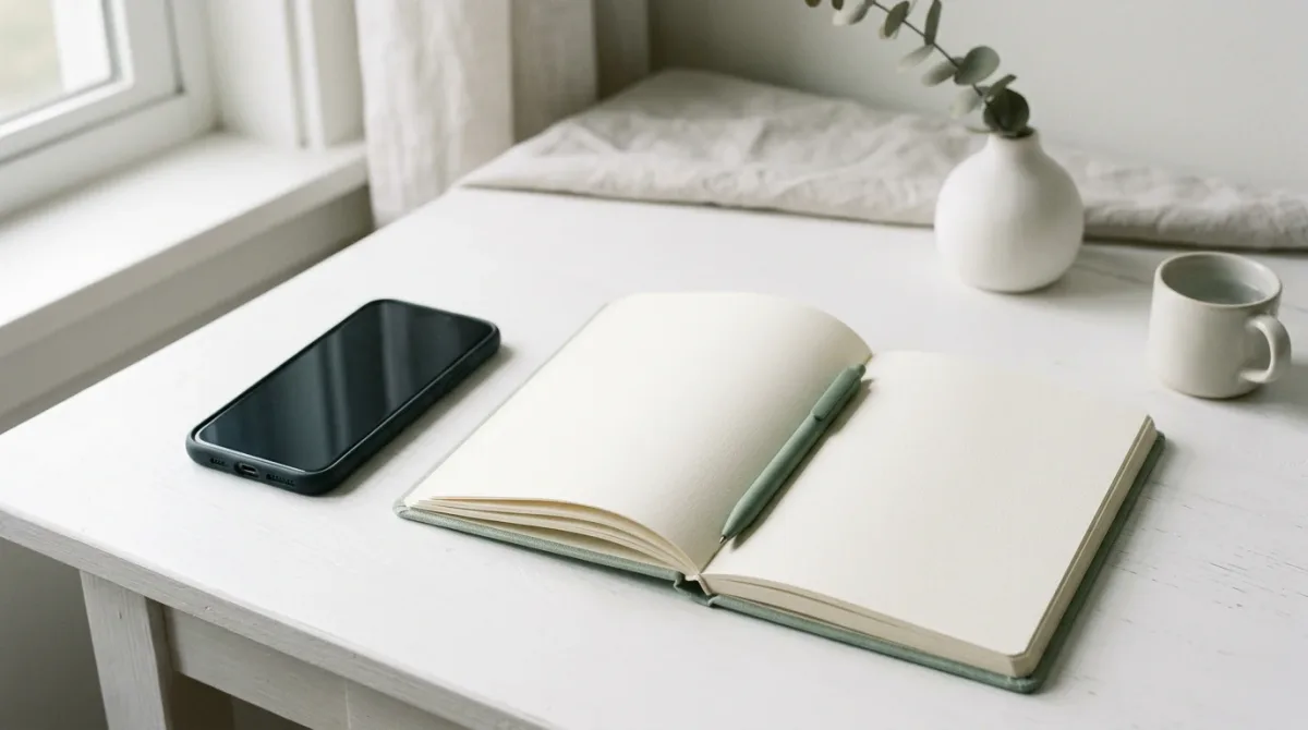 Smartphone with dark screen beside an open notebook on a tidy desk