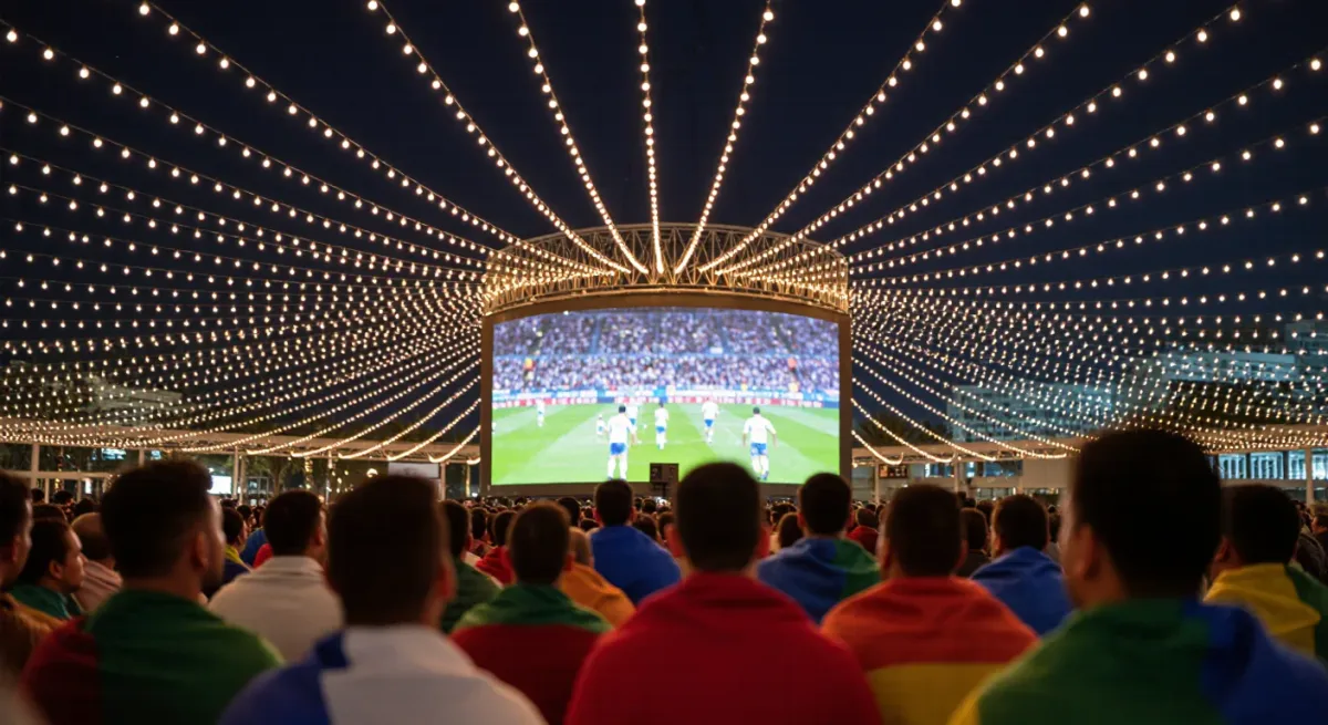 Supporters watching a match at an outdoor fan zone screen
