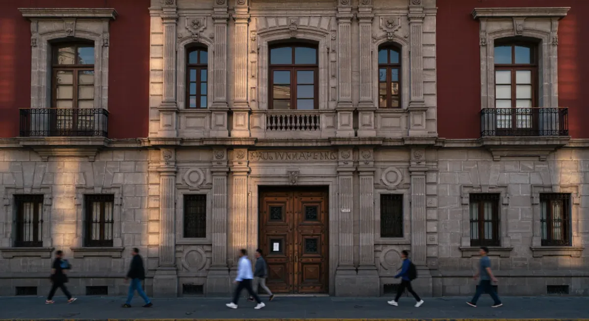 People passing the Bank of Mexico building entrance