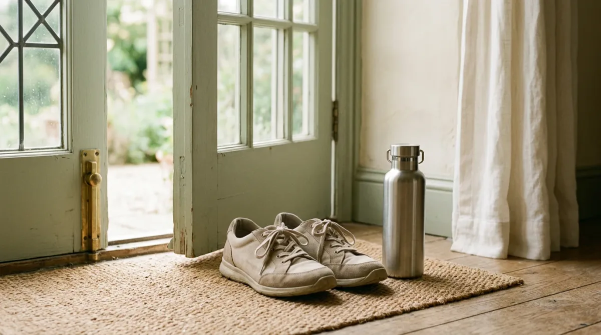 Walking shoes and water bottle by door in morning light