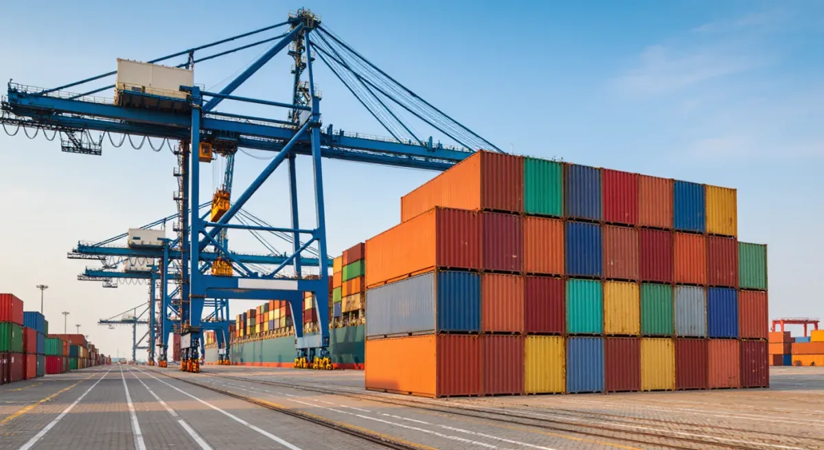 Containers stacked at a UAE port with a loading gantry